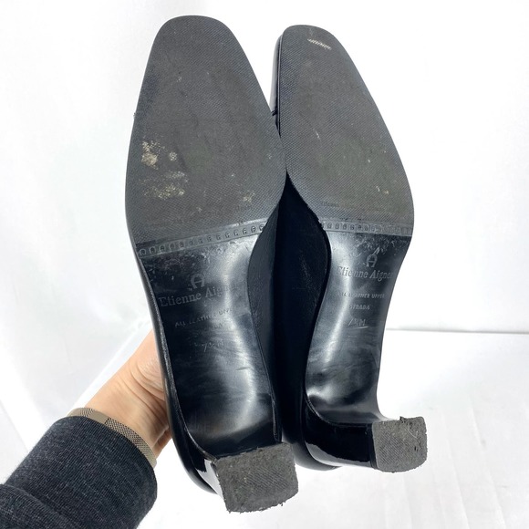 Etienne Aigner Strada Pumps Black Leather Patent Cap Toe Slip On Heels 7.5 - Picture 6 of 7
